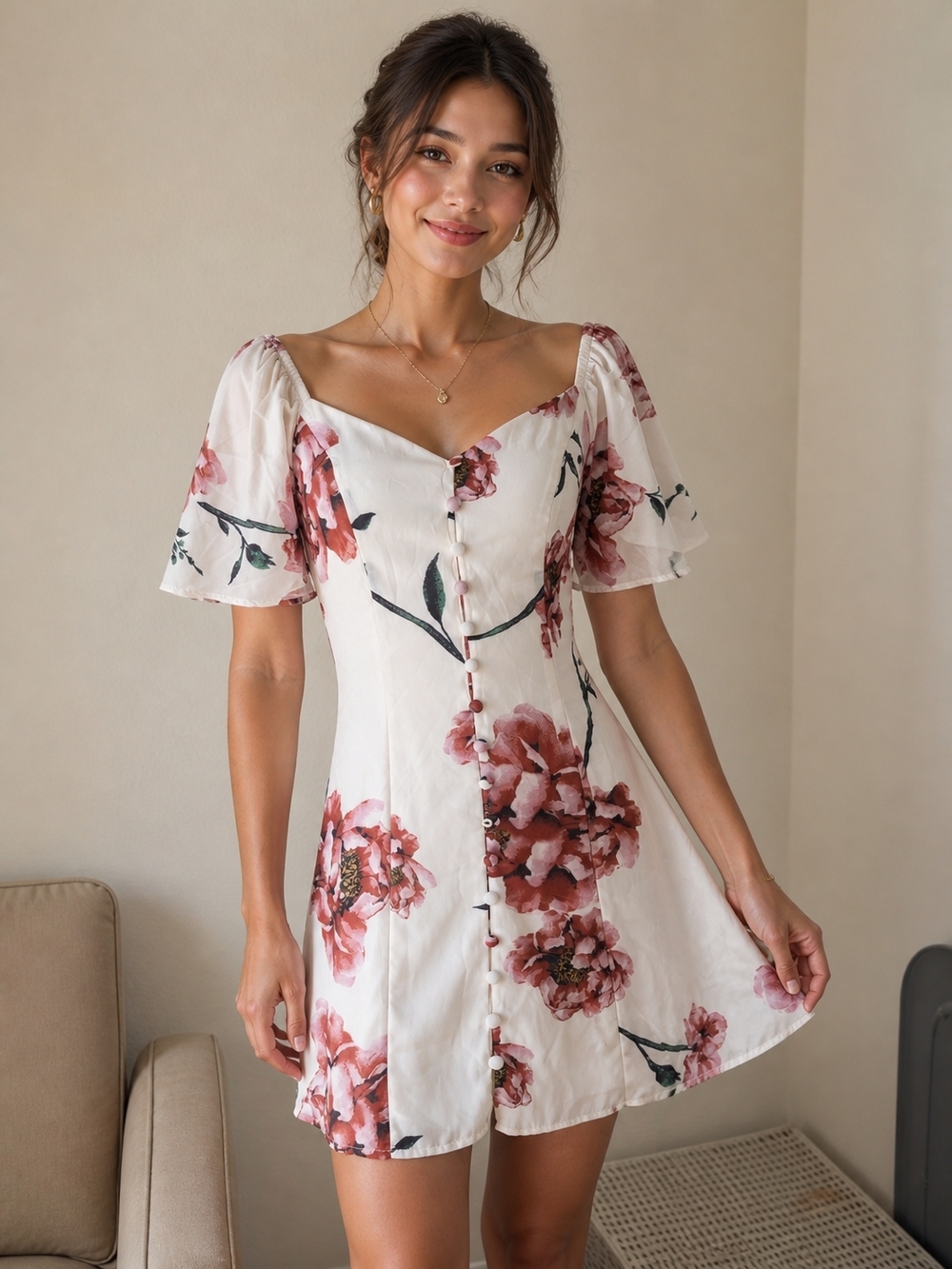 Floral Button-Front White & Blush Mini Dress